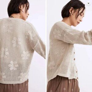 Madewell Celery Green Floral Open-Stitch Cardigan Sweater